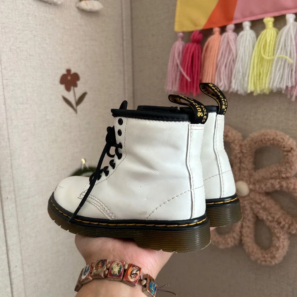 Dr. Martens Delaney Kids White Leather  Combat Boots